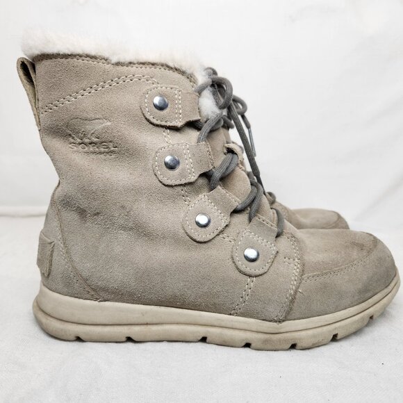 Sorel Womens 6.5 Mid Calf Suede Lace Boots Faux Fur Beige Explorer Joan Boot - Picture 6 of 11